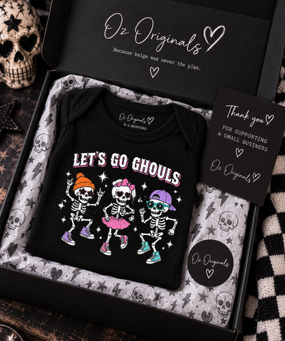 Let’s Go Ghouls Baby Vest | Dancing Skeleton Halloween Baby Bodysuit | October Oddities 💀🖤