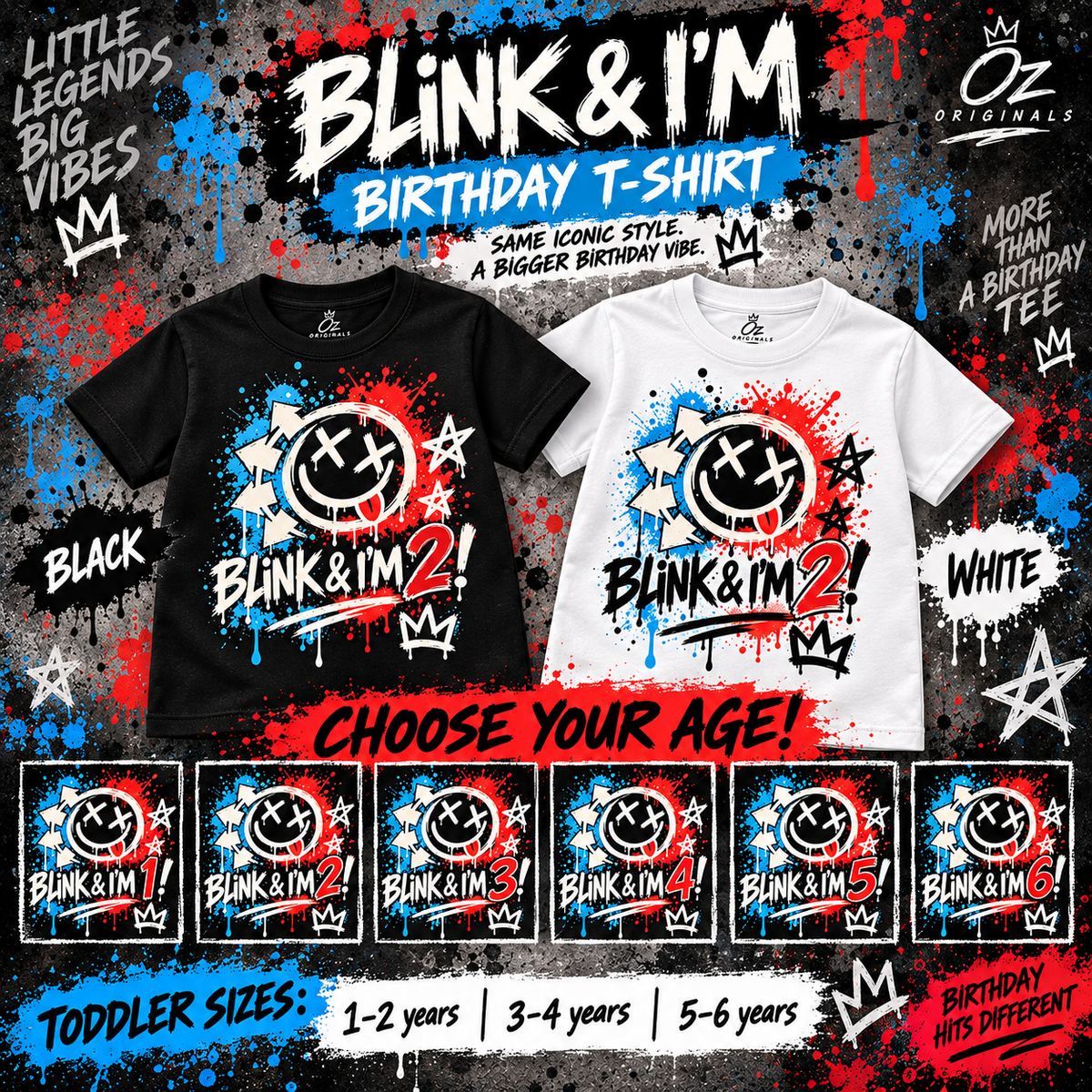 Blink & I’m 2! Toddler T-Shirt – Black or White | Alternative Birthday Tee