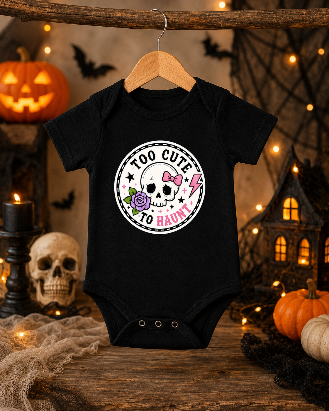 Too Cute to Haunt Halloween Baby Vest, Skull and Rose Bodysuit, Alternative Baby Girl Outfit, First Halloween Gift