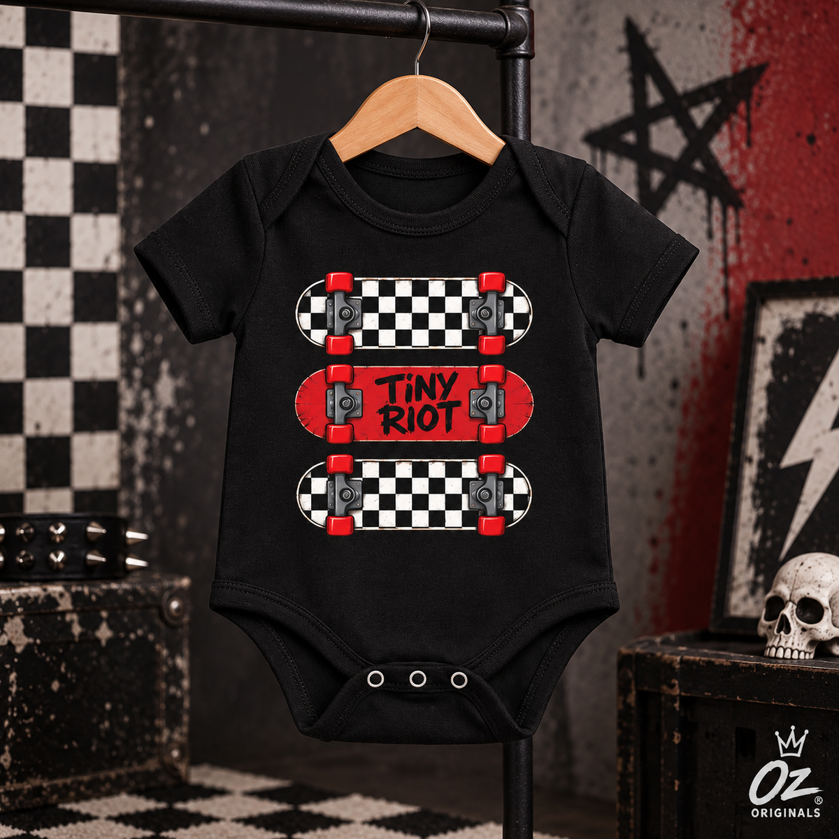 Tiny Riot Skateboard Baby Vest | Alternative Baby Clothes | Checkerboard Punk Baby Outfit