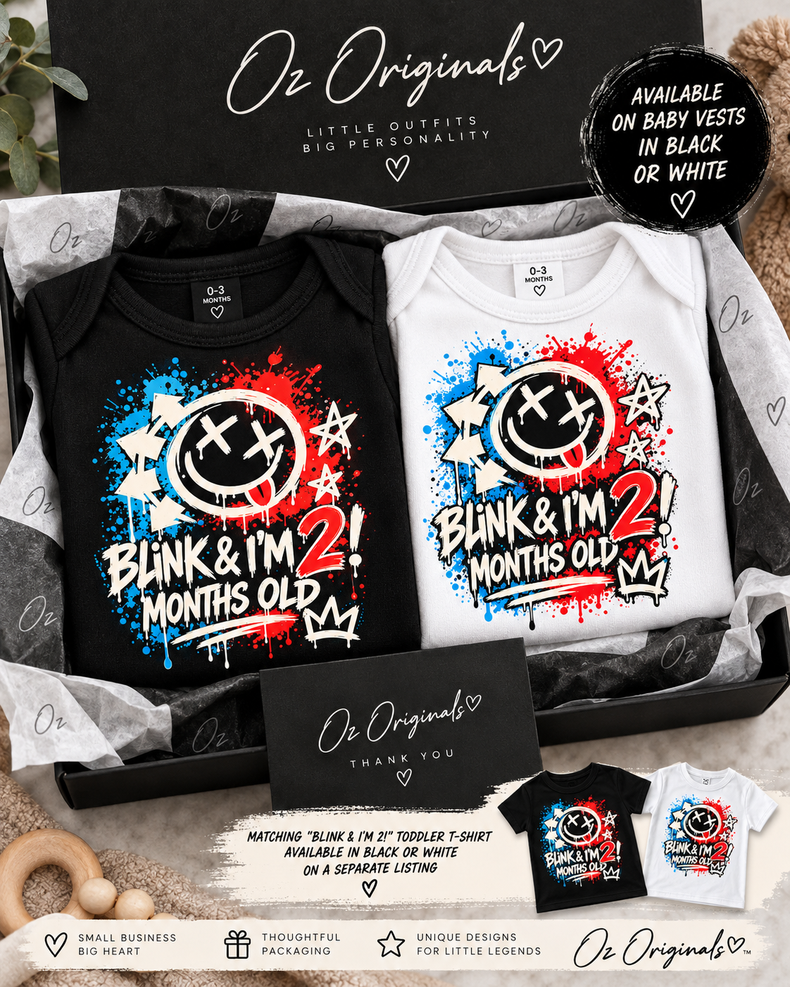 Blink & I’m 2 Months Old Baby Vest – Black or White | Alternative Baby Clothing