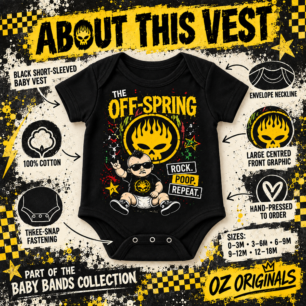 The Off-Spring “Rock. Poop. Repeat.” Baby Vest | Alternative Baby Clothes UK