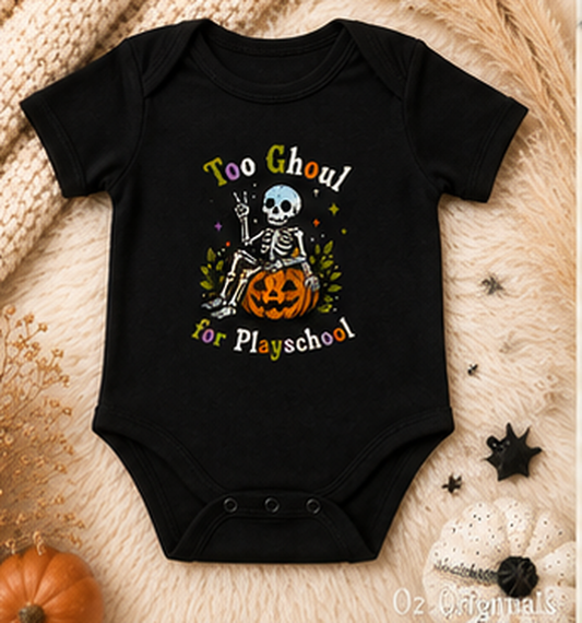 Too Ghoul for Playschool Halloween Baby Vest, Skeleton Pumpkin Bodysuit, Alternative Spooky Baby Outfit 💀