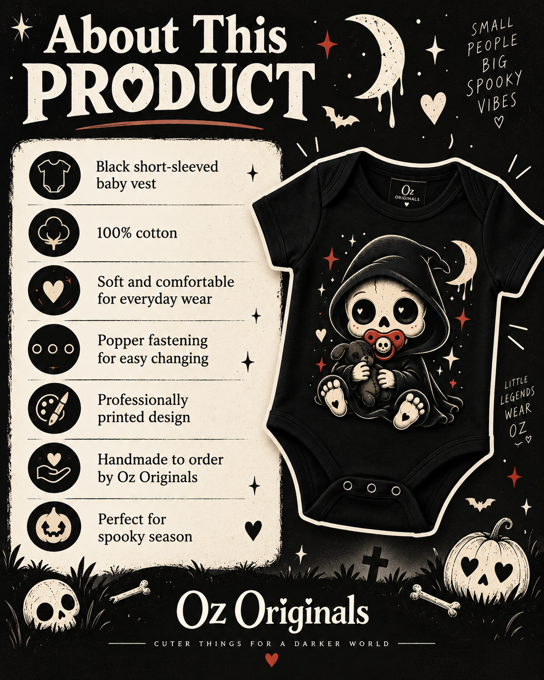 Spooky Little Reaper Baby Vest | Black Alternative Halloween Baby Grow | October Oddities 💀
