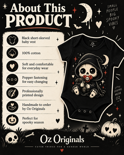 Spooky Little Reaper Baby Vest | Black Alternative Halloween Baby Grow | October Oddities 💀
