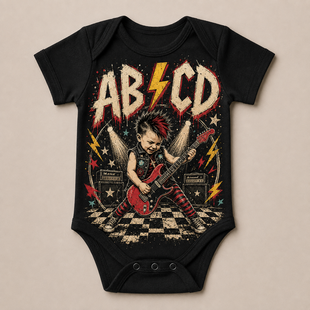 AB⚡CD Baby Vest | Alternative Rock Baby Bodysuit | Rocker Baby Outfit | Black Band Style Baby Vest