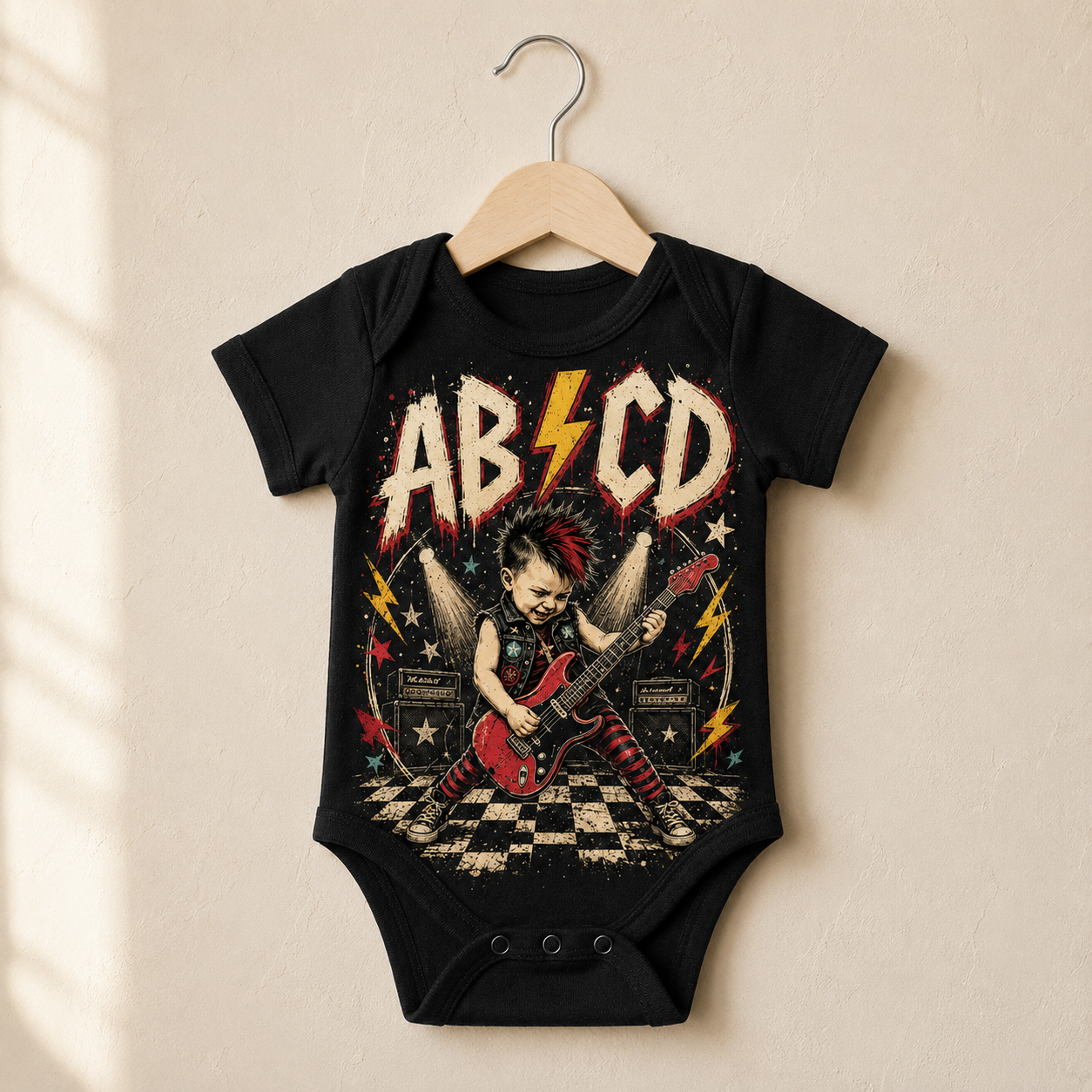 AB⚡CD Baby Vest | Alternative Rock Baby Bodysuit | Rocker Baby Outfit | Black Band Style Baby Vest