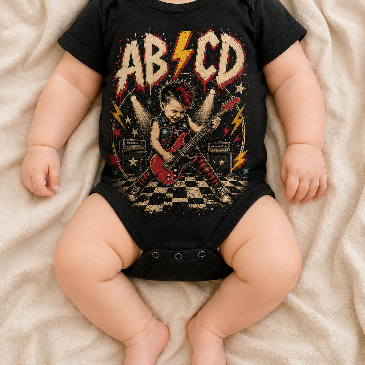 AB⚡CD Baby Vest | Alternative Rock Baby Bodysuit | Rocker Baby Outfit | Black Band Style Baby Vest