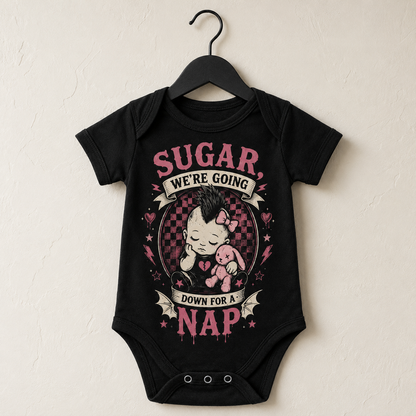 Sugar, We’re Going Down for a Nap Baby Vest | Alternative Rock Baby Bodysuit | Pink Punk Baby Outfit 🩷