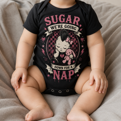 Sugar, We’re Going Down for a Nap Baby Vest | Alternative Rock Baby Bodysuit | Pink Punk Baby Outfit 🩷