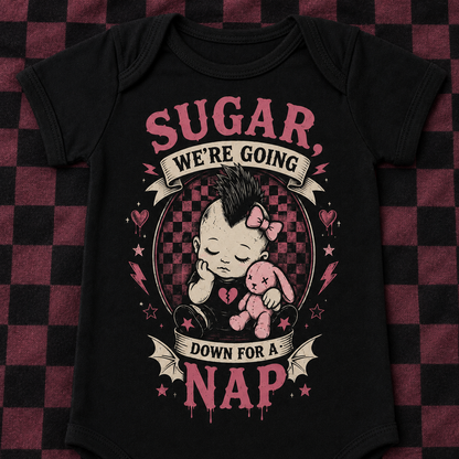 Sugar, We’re Going Down for a Nap Baby Vest | Alternative Rock Baby Bodysuit | Pink Punk Baby Outfit 🩷