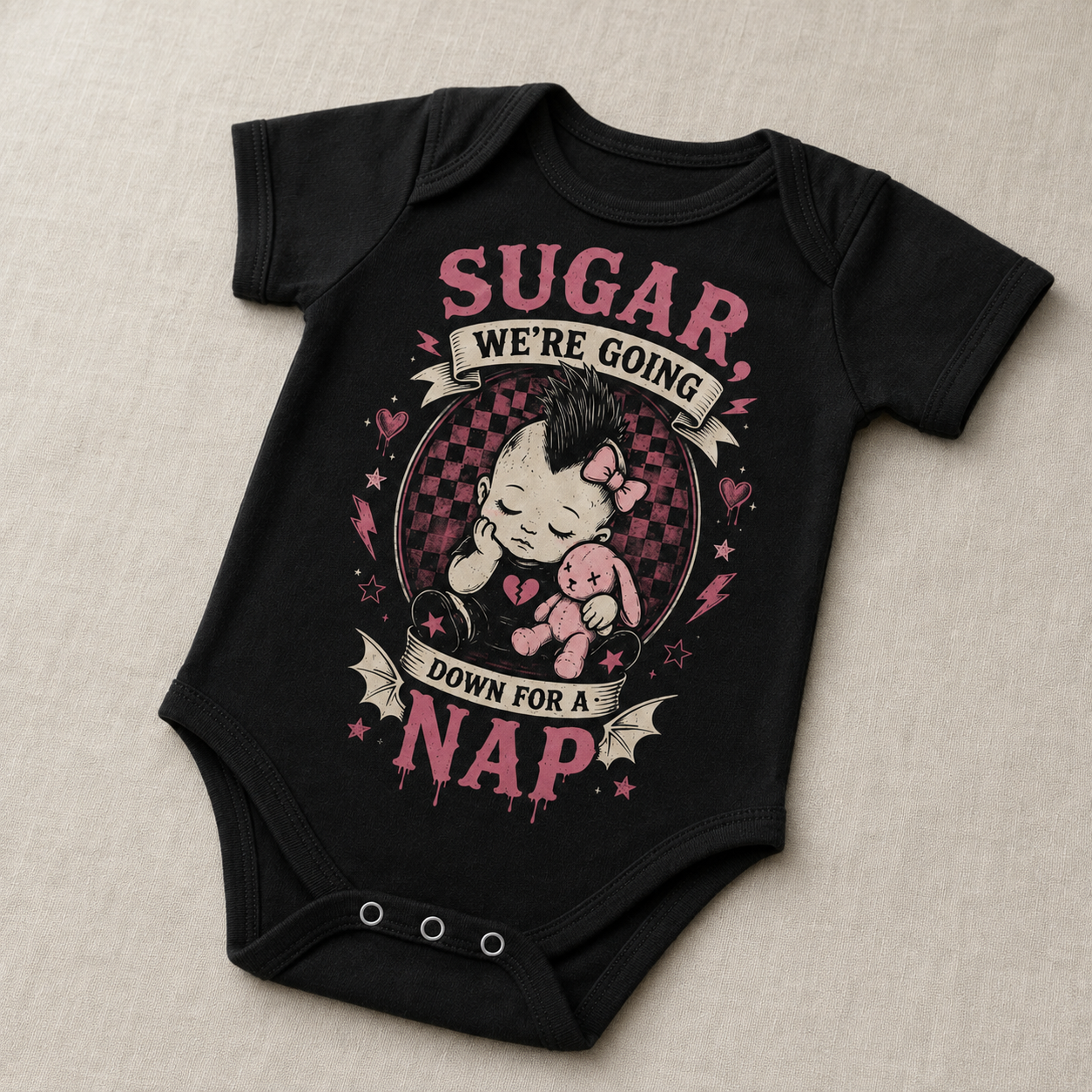 Sugar, We’re Going Down for a Nap Baby Vest | Alternative Rock Baby Bodysuit | Pink Punk Baby Outfit 🩷