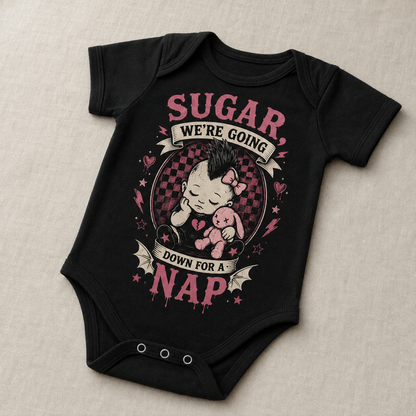 Sugar, We’re Going Down for a Nap Baby Vest | Alternative Rock Baby Bodysuit | Pink Punk Baby Outfit 🩷