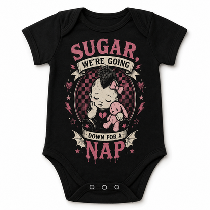 Sugar, We’re Going Down for a Nap Baby Vest | Alternative Rock Baby Bodysuit | Pink Punk Baby Outfit 🩷