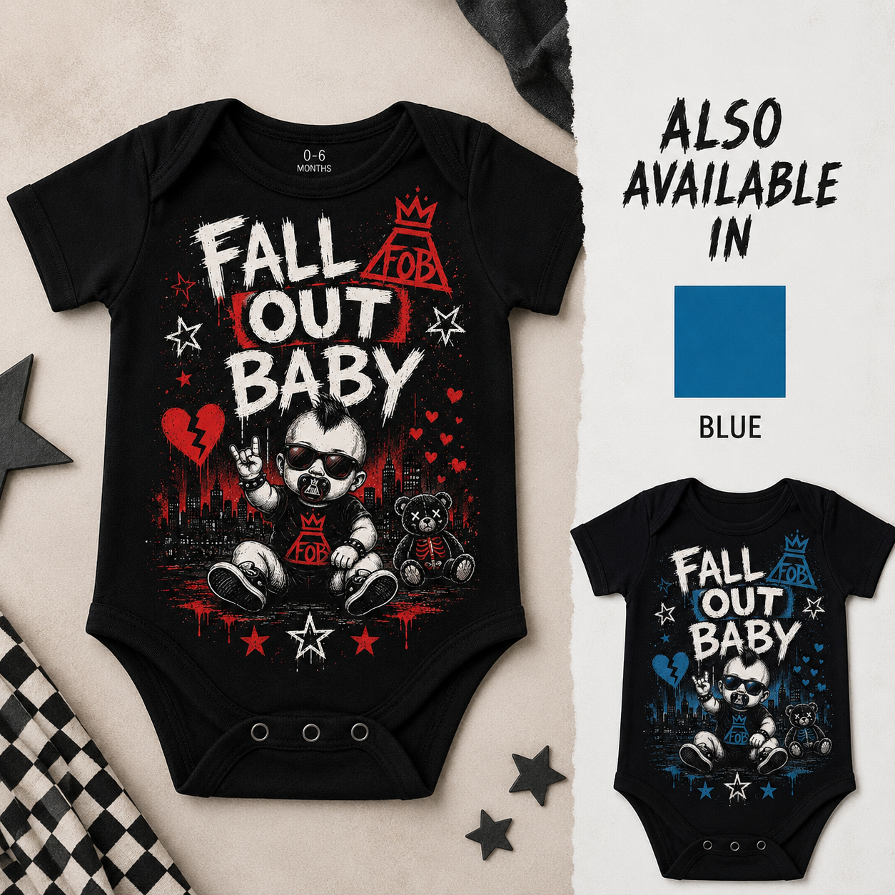 Fall Out Baby Vest | Red or Blue Rock Baby Bodysuit | Alternative Baby Bands Outfit | Choose One or Both ❤️💙