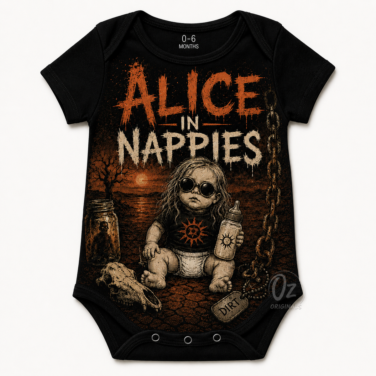 Alice in Nappies Baby Vest | Alice in Chains Inspired Rock Baby Bodysuit | Alternative Baby Clothes 🧡 ⛓️