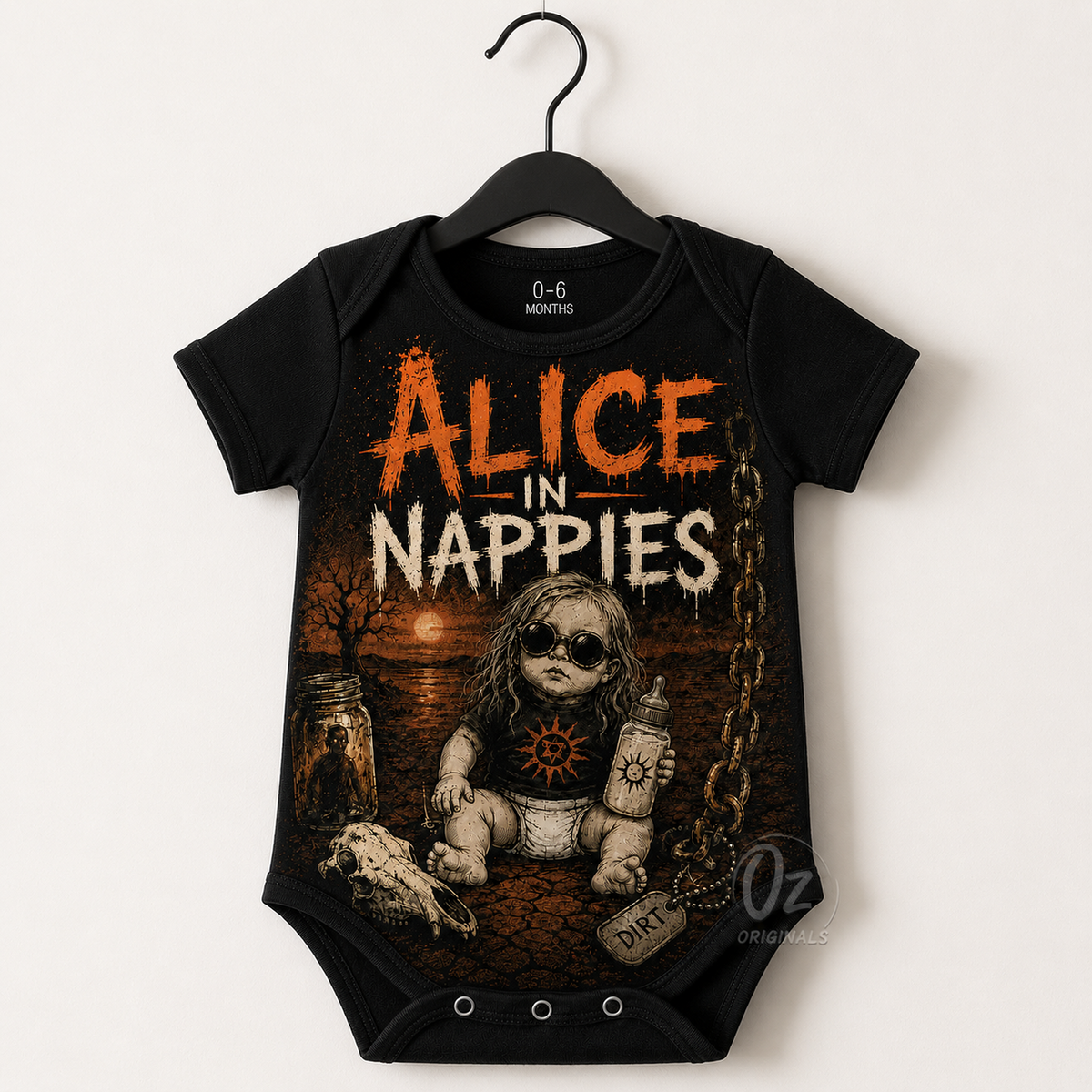 Alice in Nappies Baby Vest | Alice in Chains Inspired Rock Baby Bodysuit | Alternative Baby Clothes 🧡 ⛓️