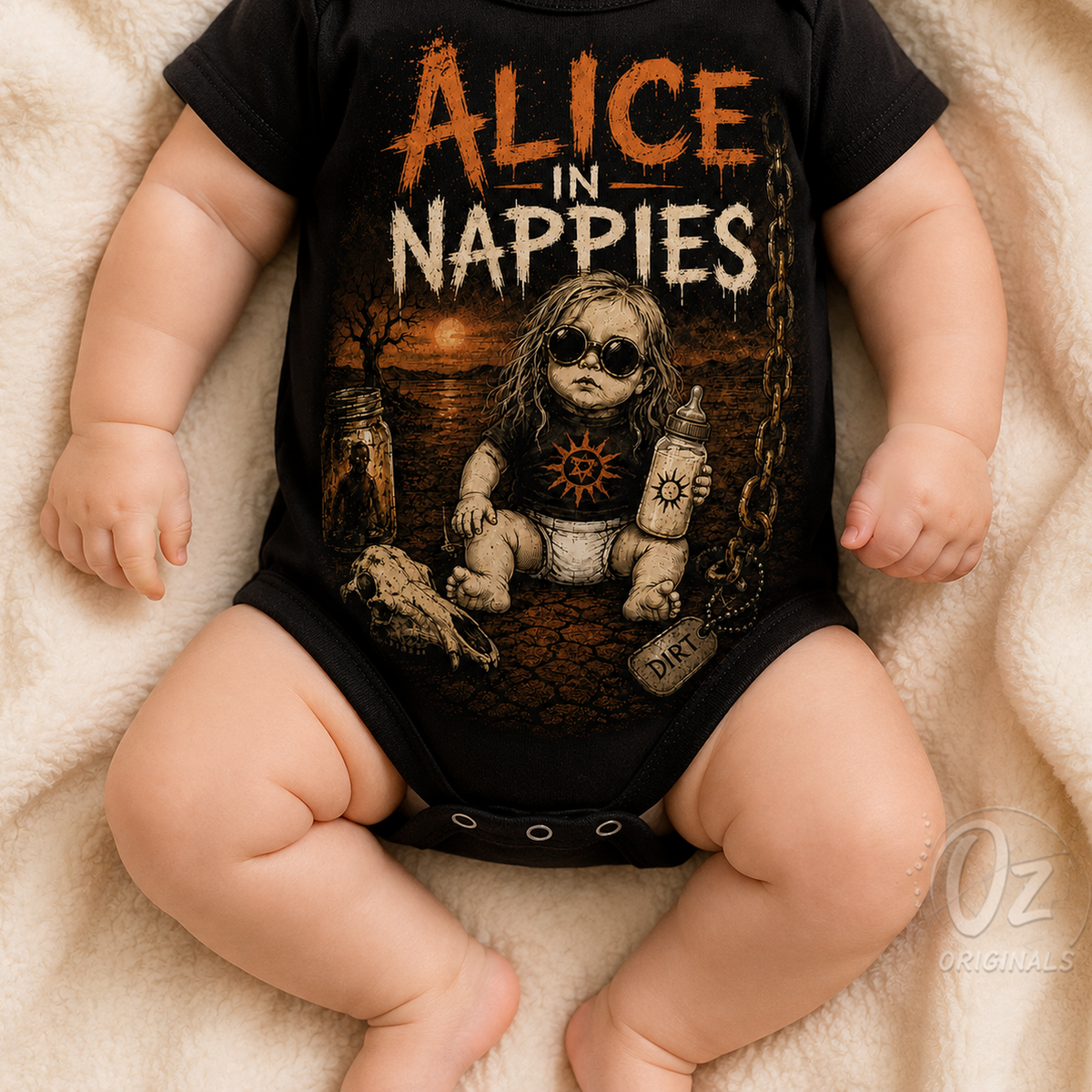 Alice in Nappies Baby Vest | Alice in Chains Inspired Rock Baby Bodysuit | Alternative Baby Clothes 🧡 ⛓️