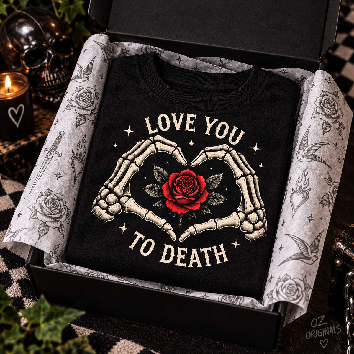 Love You to Death Toddler Tee | Gothic Skeleton Heart & Rose Alternative Kids T-Shirt