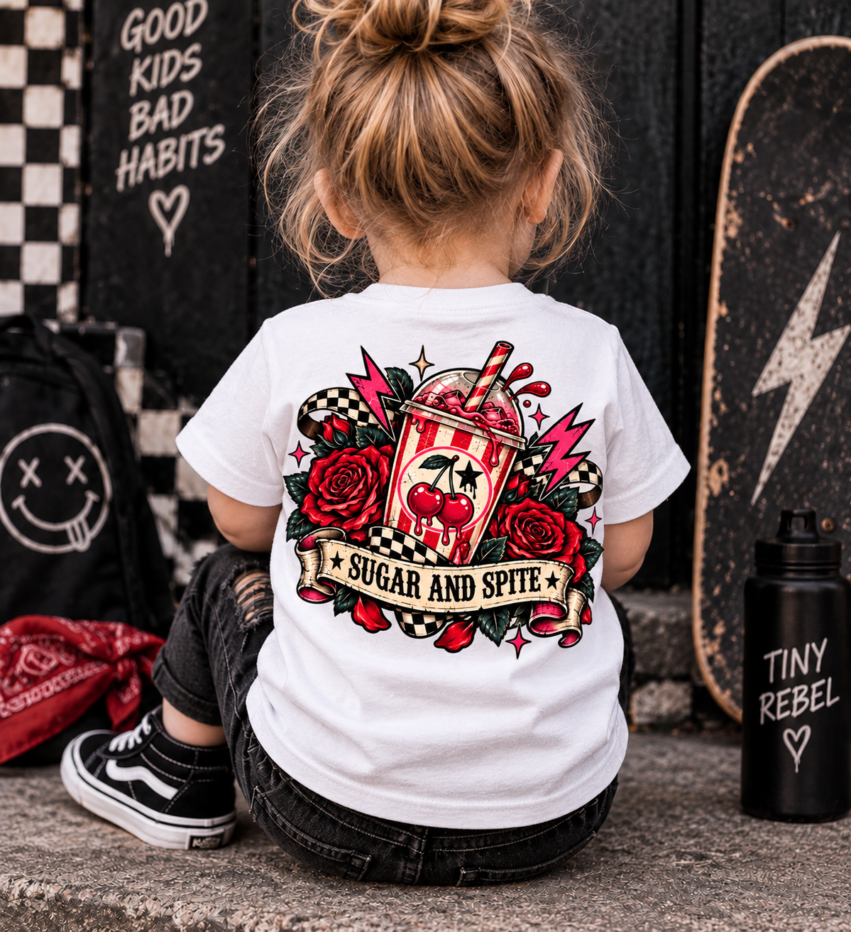 Sugar & Spite White Toddler T-Shirt | Alternative Kids Tee | Tattoo Cherry Punk Graphic